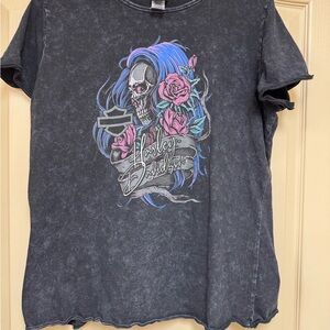 Harley-Davidson Black Tee with Skull and Floral Design